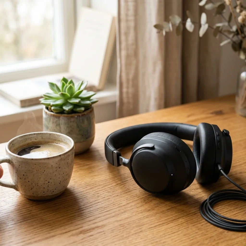 Sony WH-1000XM5 headphones styled in a lifestyle scene