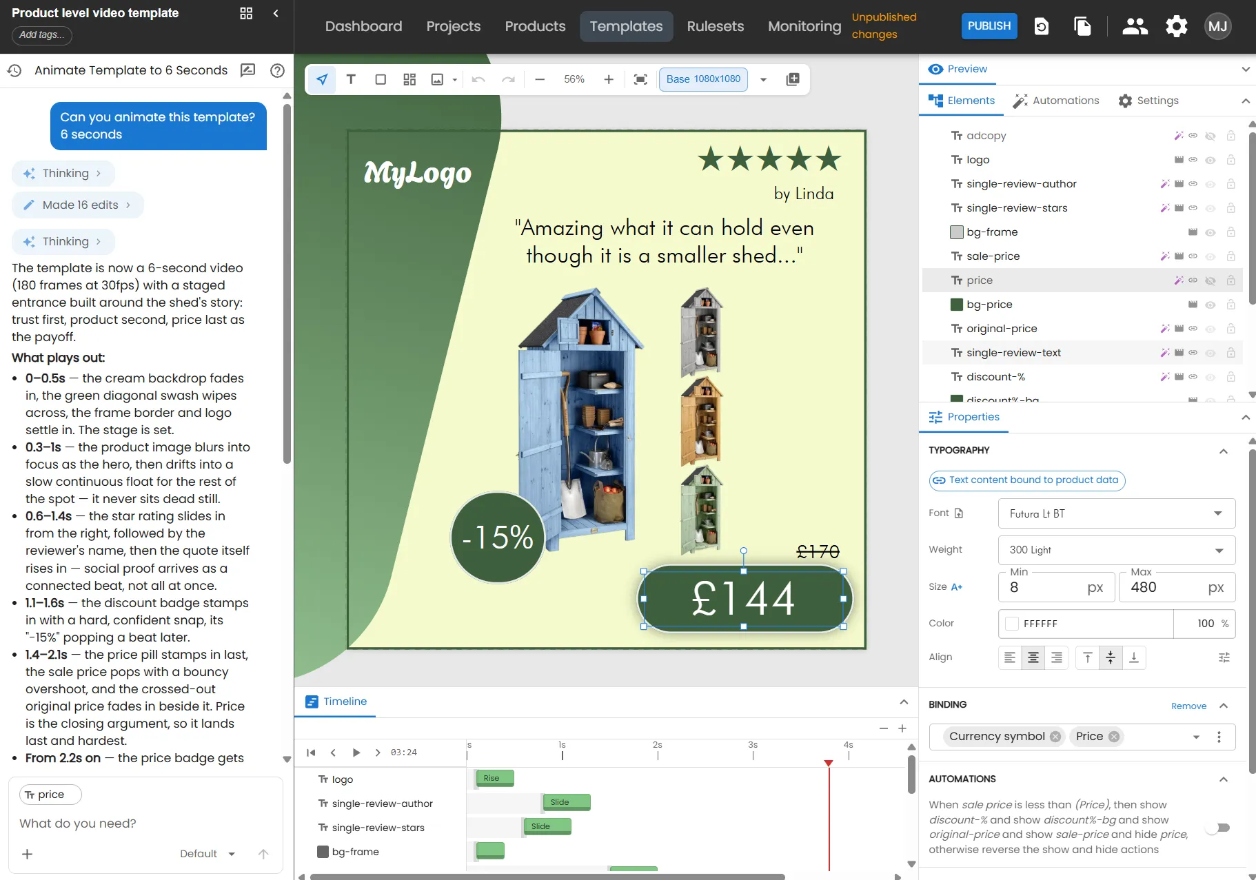 Der Vorlageneditor Renable Studio: links Aimées Design-Chat, in der Mitte die Anzeigenfläche und die Video-Timeline, rechts das Panel mit Elementen und Eigenschaften.